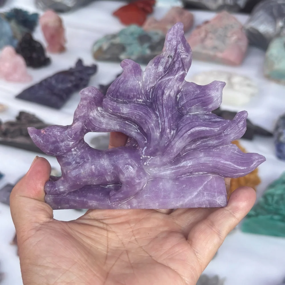 Natural Purple Mica Nine Tailed Fox Hand Carved Crystal Statue Mental Clarity Reiki Healing Stone Home Altar Decor Gift