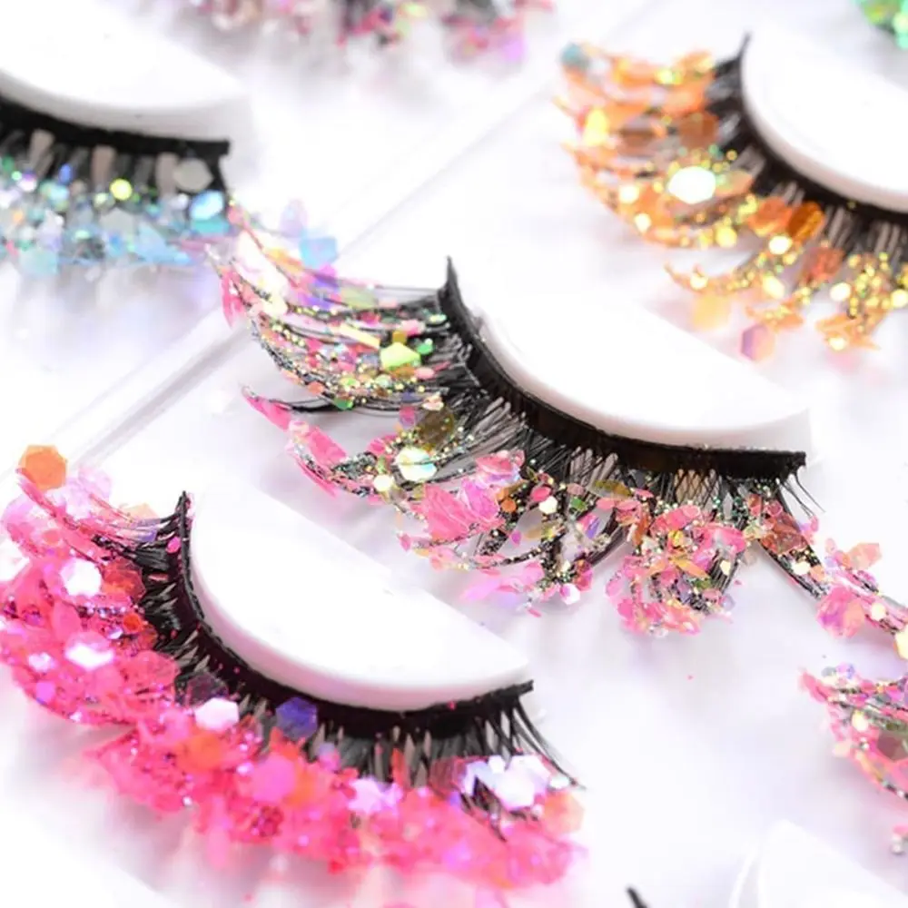 Unique Shining Colored Eyelashes Gold Pink Green Glitter Colorful False Eye Lashes Dramatic Halloween Party Rainbow Cilias