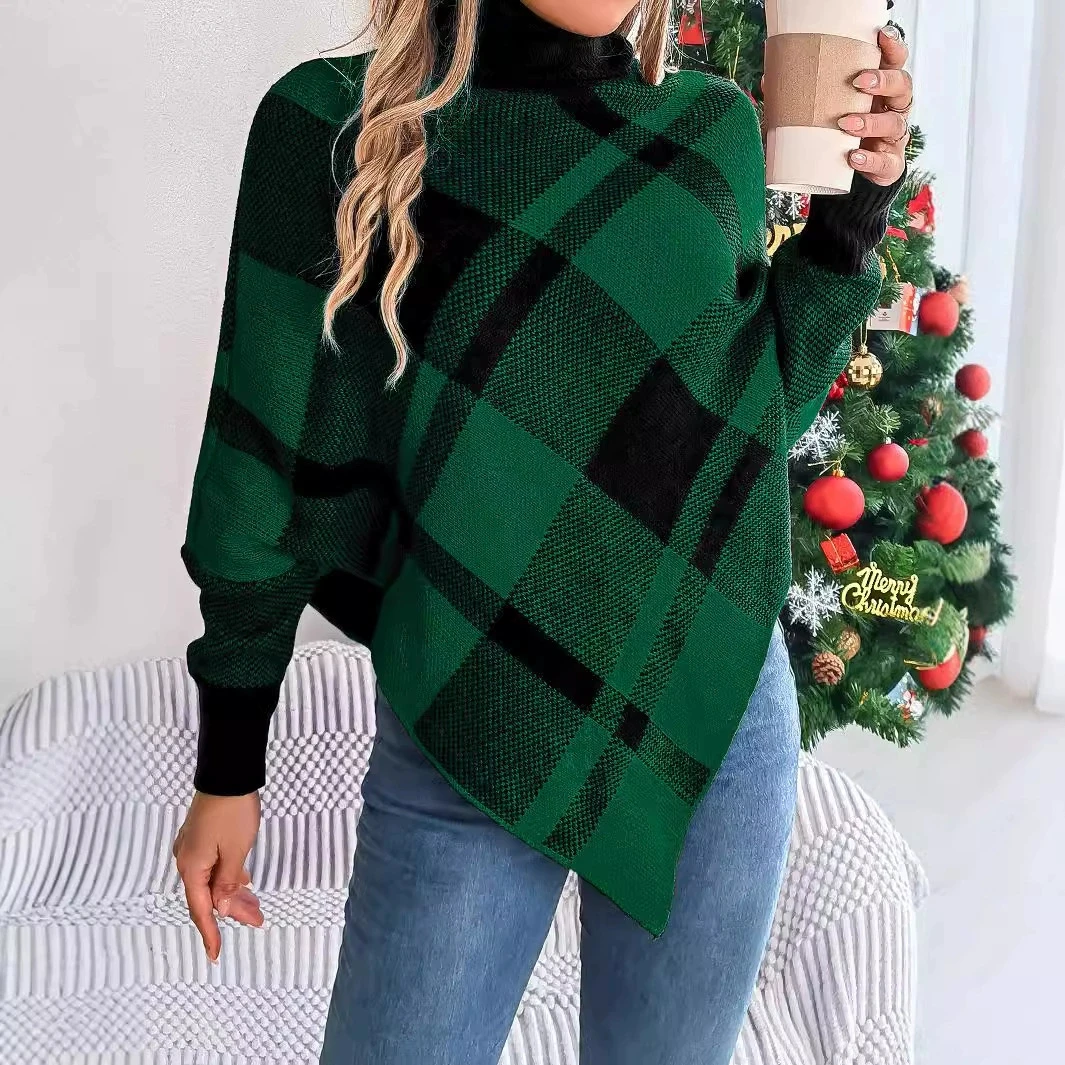 Autumn and winter casual color blocking plaid luxury fashion trend high neck long sleeved hooded sweater Christmas