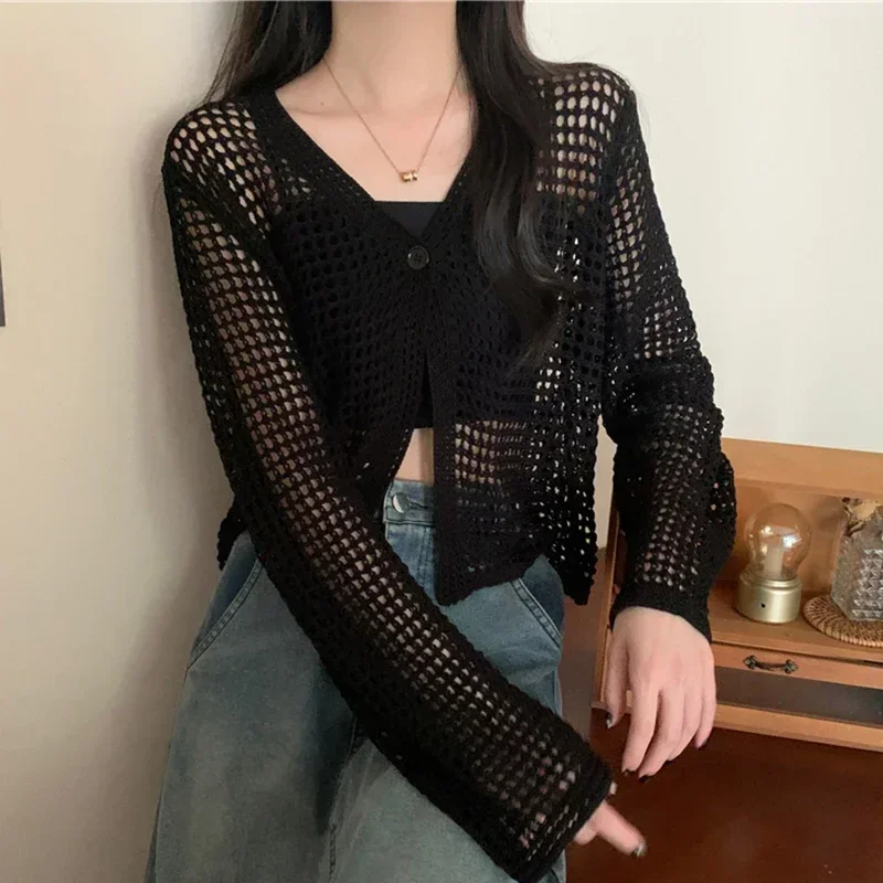 Women solid casual loose Beach tops sexy hollow out knit shirt V-neck long sleepcases cardigan T-shirt women Spring Summer