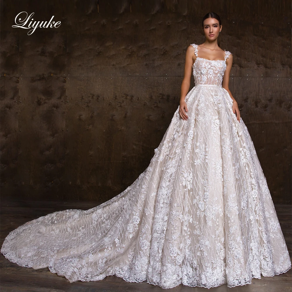 

Liyuke Gorgeous Full Of 3D Beading Lace Ball Gown Wedding Dresses Sleeveless Boat Neck Spaghetti Straps Wedding Gown