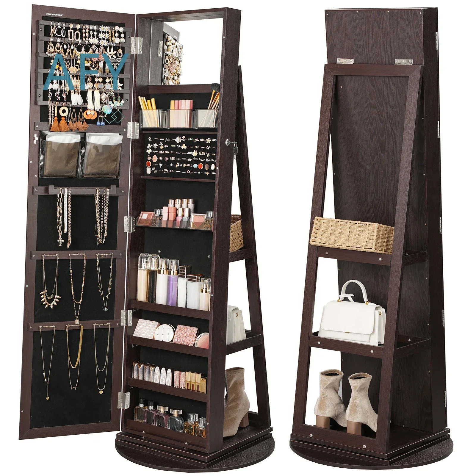 Storage Jewelry Cabinet with 360 Swivel Standing Mirror for Bedroom Furniture for Modern Home Decor for Dressing Table
