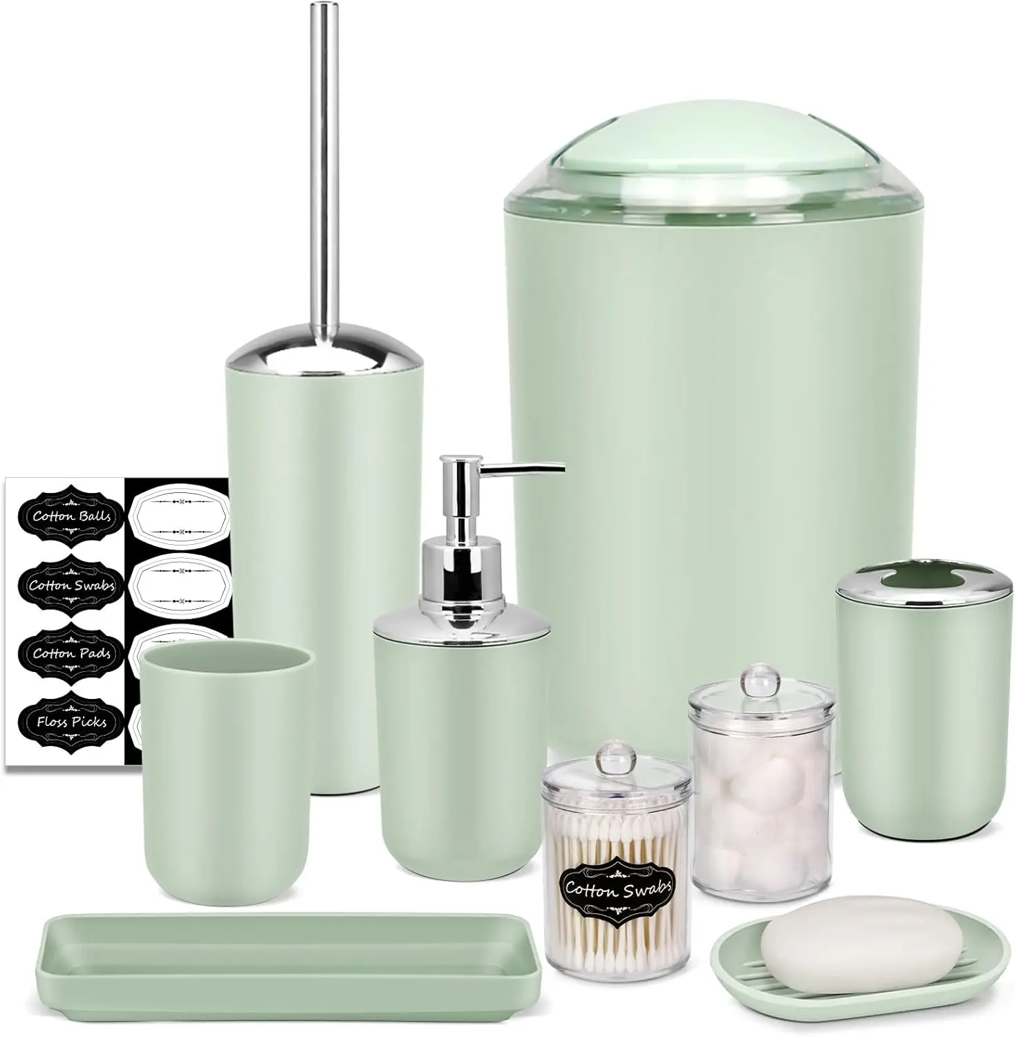 

Green Bathroom Set, 9 Pieces Accessory Set with Tray, Qtip Holders, Toilet Brush & Trash Can for Home Décor and Gifts