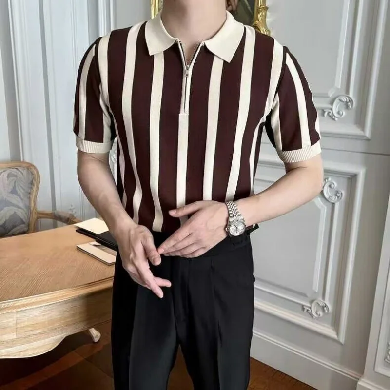 Korean Vintage Summer Short Sleeve Polo Shirt Men\'s Lapel Stripes Personalized Fashion Simple Patchwork Zipper Ice Silk Knit Top