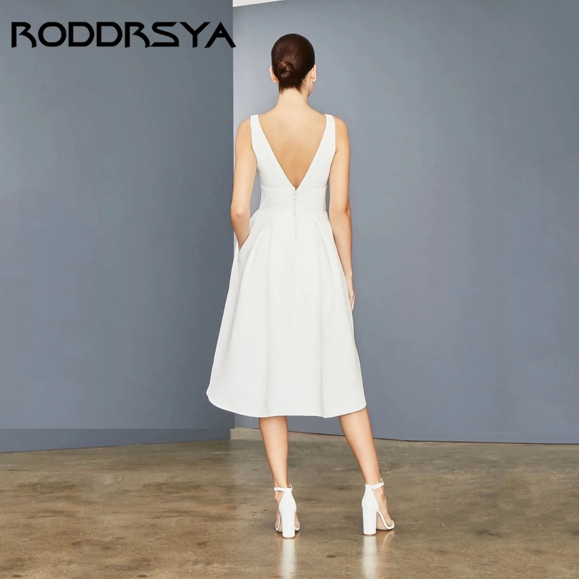RODDRSYA Satin Wedding Guest Dress Midi Length with Pocket V-Neck Party Gown for Bride Backless vestido de novia Custom Made