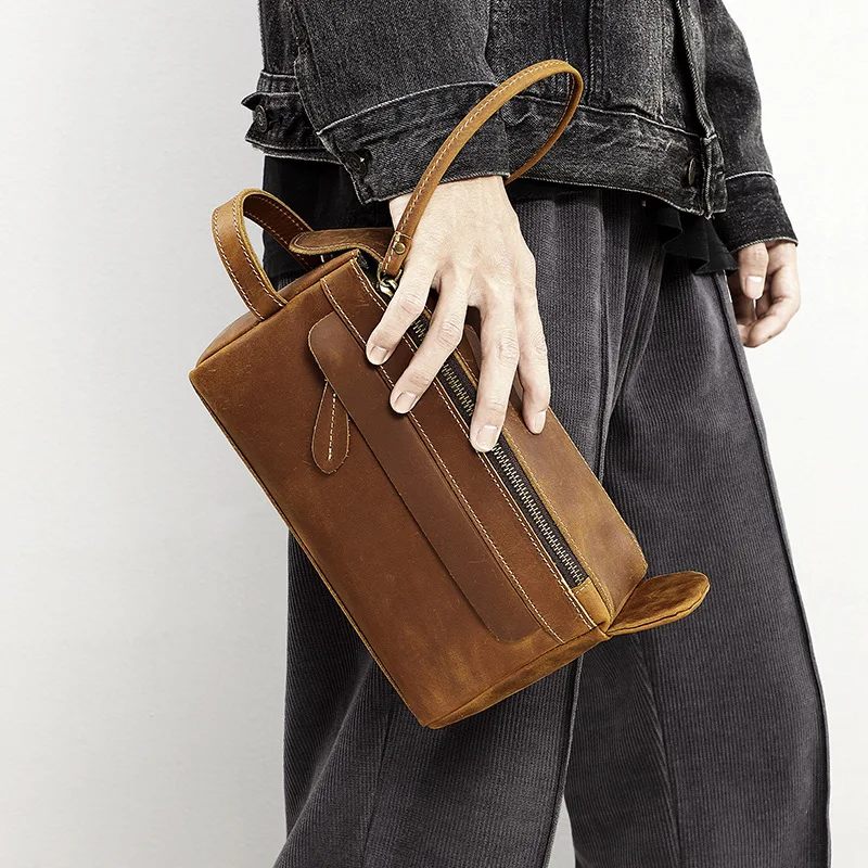 Leather wash bag multi-function travel storage bag cowhine men's hand large capacity makeup bag crazy horse skin
