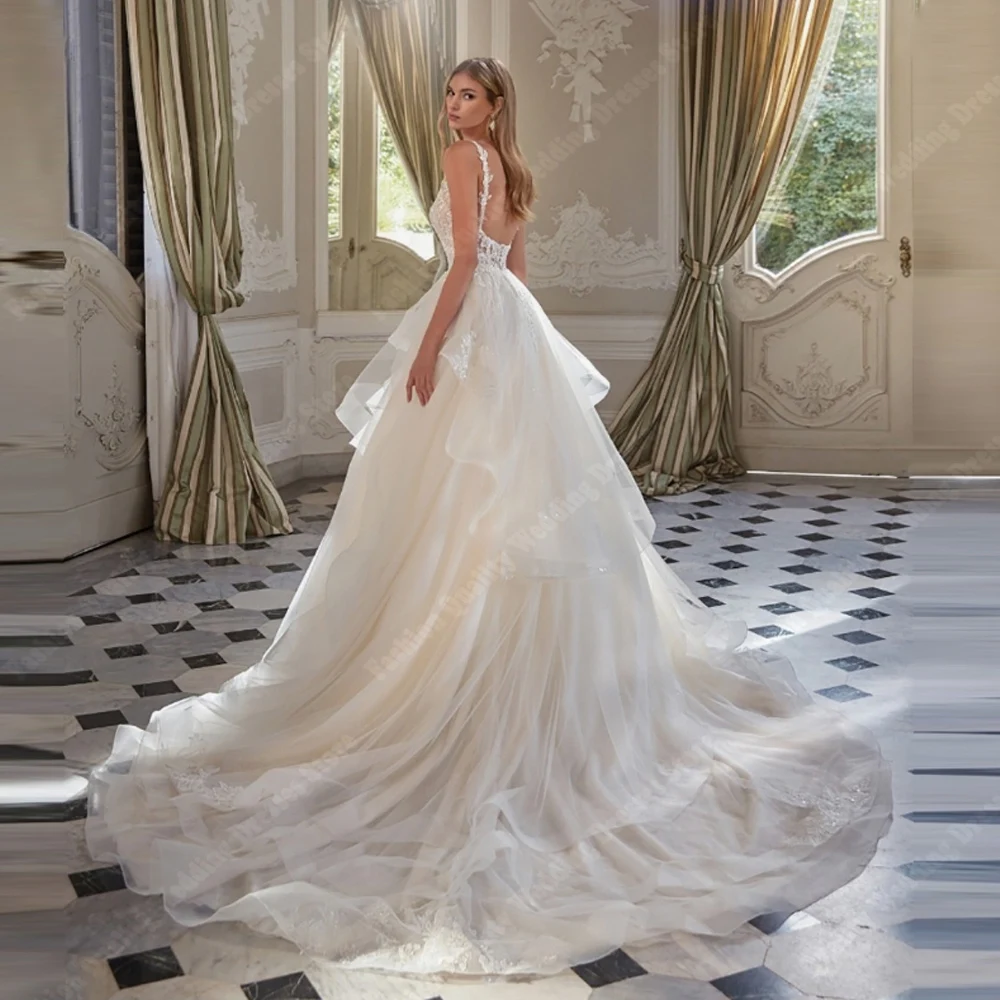 Sexy Strapless Sleeveless Women Wedding Dresses Vintage Lace Decals Tulle Bridal Gowns Princess Ball Vestido De Novia Customized