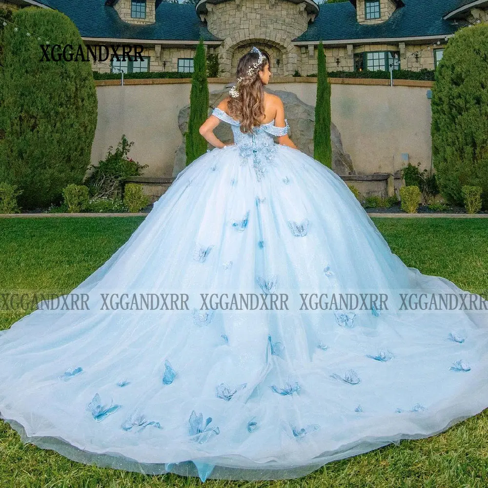 Butterfly Blue Quinceanera Dresses 2024 Gril Sweet 15 16 Birthday Party Gown 2024 Off Shoulder Sweetheart Backless Mexican Dress