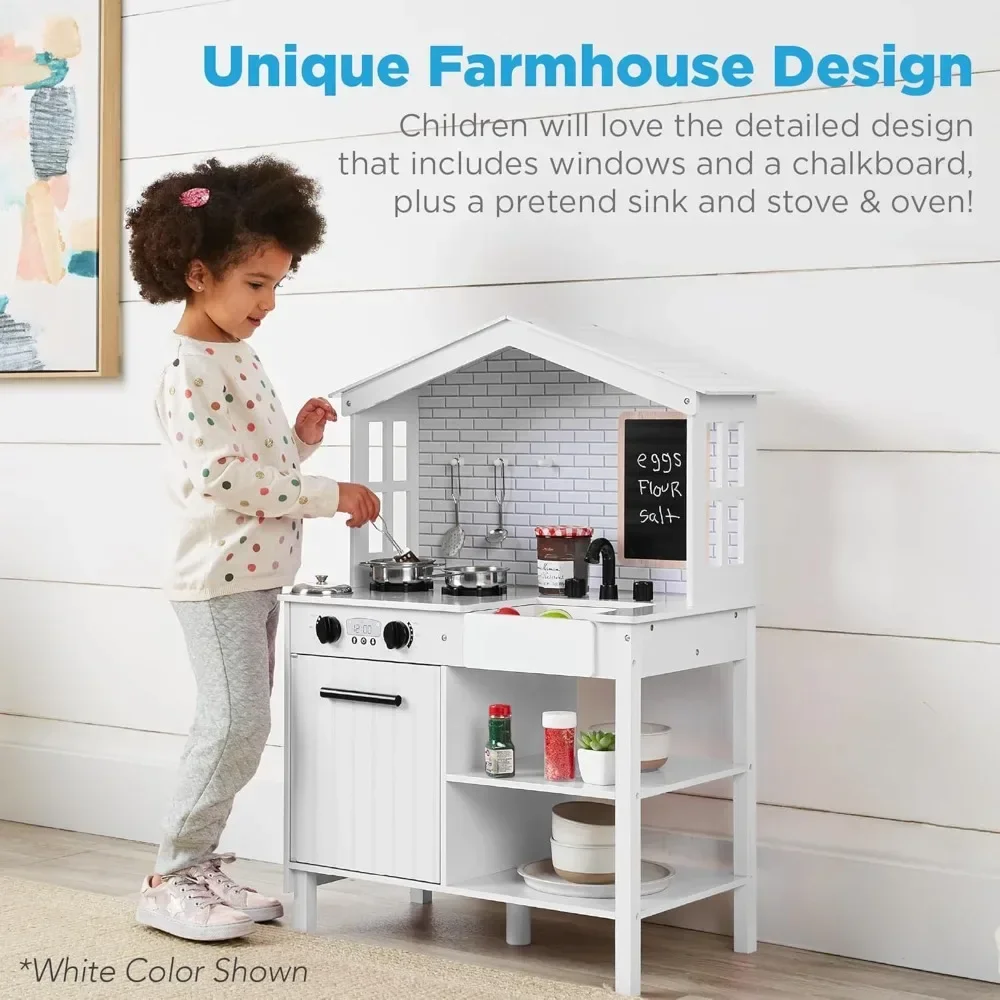 Best Choice Products Farmhouse Play Kitchen Toy, Wooden Pretend Set for Kids w/Chalkboard, Marble Backdrop, Windows, Storage