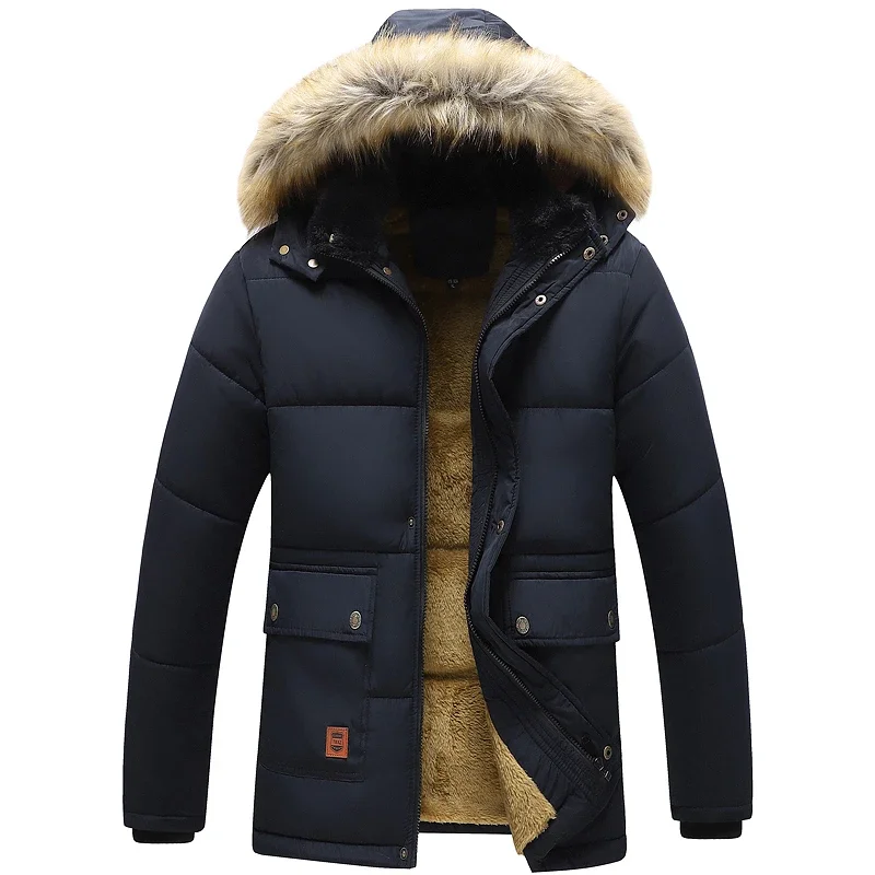 Parkas cálidas a prueba de viento para hombre, abrigo grueso de lana, chaqueta con cuello de piel con capucha, Parka informal clásica, moda de invierno, 2023