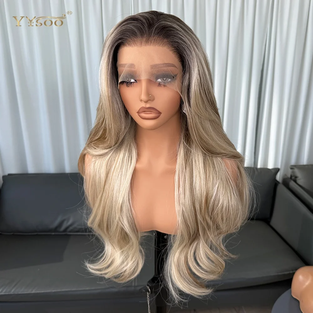 High Quality Dark Roots Mixed Color  Pre Plucked Hairline  Heatresistant Synthetic Lacefront Wigs For Black Womens Daily Use