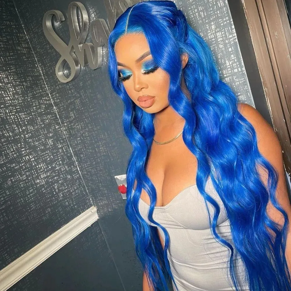 Perruque الأزرق الدانتيل شعر مستعار أمامي طويل موجة المياه الأزرق الداكن الباروكات للنساء السود الاصطناعية الدانتيل الجبهة الباروكات قبل قطعها شعري