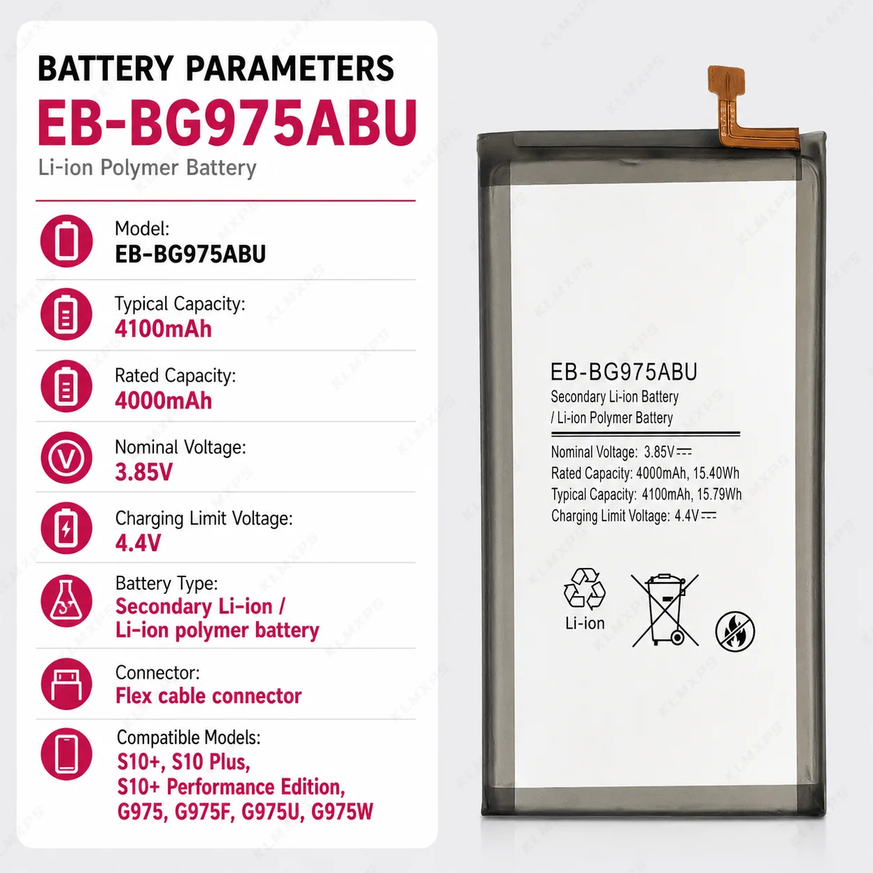 New 4100mAh EB-BG975ABU Replacement Battery for Samsung Galaxy S10 Plus S10+ SM-G975F G975U G9750 G975W Phone Bateria