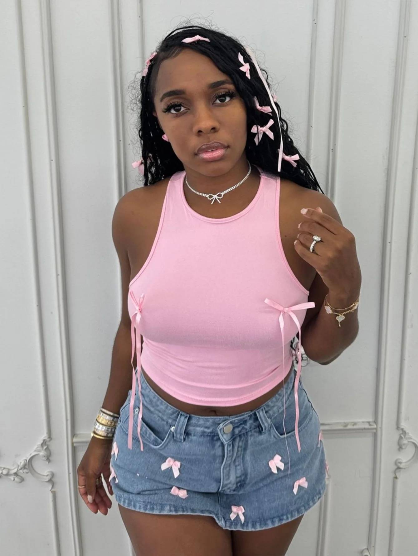

Stylish Lady Pink Bow Tie Tank Tops 2026 Summer Women Sleeveless Racerback Sexy Club Street Party Cropped Cami Tops