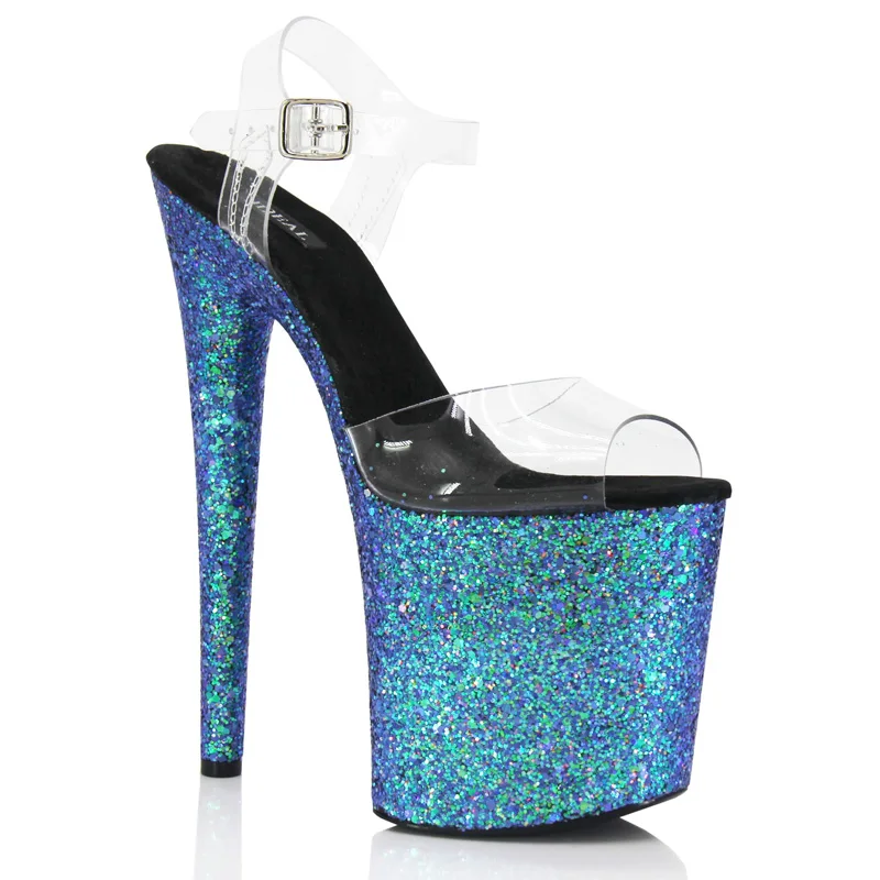 New shiny performance pole dance high heels peacock blue 20 cm 8 inches stage striptease T stage super high heel sandals