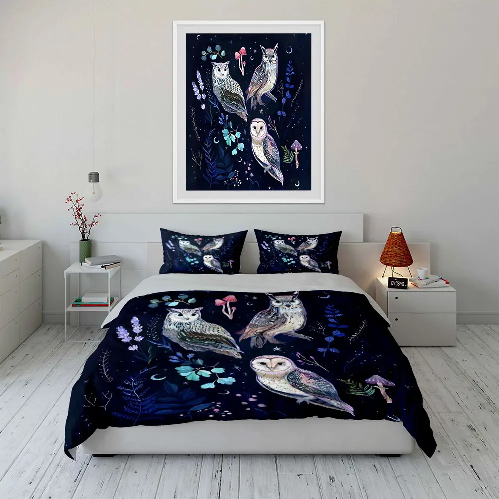 Owls in nature under starry night Pattern Duvet Cover Set Digital Print Colorful Polyester Bedding with Zipper Closur for gifts 4