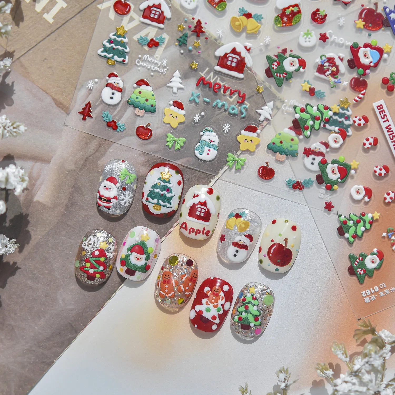 Xmas Santa Claus Nail Stickers Cartoon Snowman Gingerbread Man Christmas Tree Hut Apple Shaped Design Nail Decoration Stickers