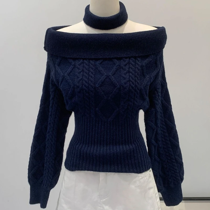 

Deeptown Beige Elegant Vintage Off Shoulder Women Sweaters Gray Long Sleeve Korean Fashion Slim Knitted Twist Pullovers Casual