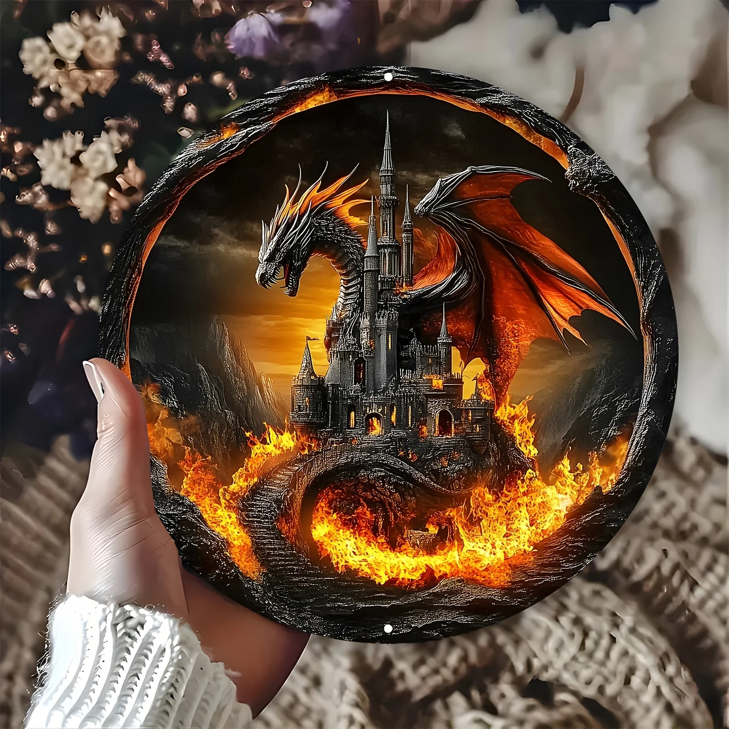 Vintage Fantasy Fire Dragon Castle Emblem Wall Art - Round Aluminum Metal Wall Decor with Intricate Dragon Flames, Dark Castle
