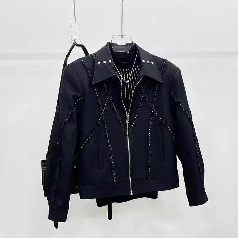 2025 New American Style Trendy Heavy Craft Personality Turn-Down Collar Jacket Coat Youth Handsome Long Sleeve Jacket for Men