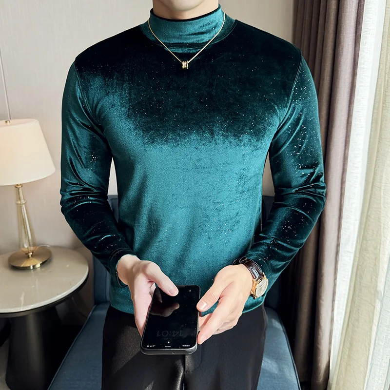 Half-high-neck men's velvet bottoming shirt, luxurious slim stretchy pullover men's night club clothing.M-4XL