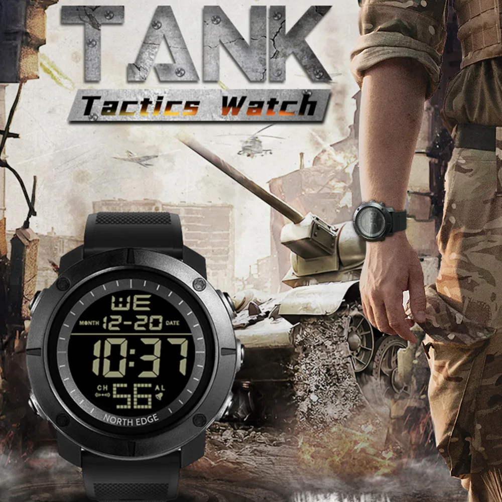 NORTH EDGE TANK Outdoors Watch For Men Alarm Clock Hour Report EL Backlight Waterproof 50M Silicone Band Men Watch Reloj Hombre