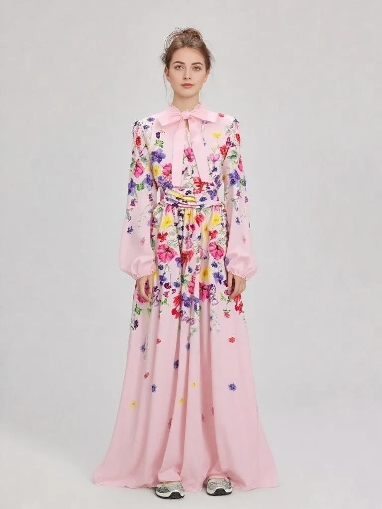 

Spring Floral Holiday Maxi Dress Women Bow Neck Lantern Sleeve Slim Waist Elegant Long Party Robe Female Elegant Long Vestidos