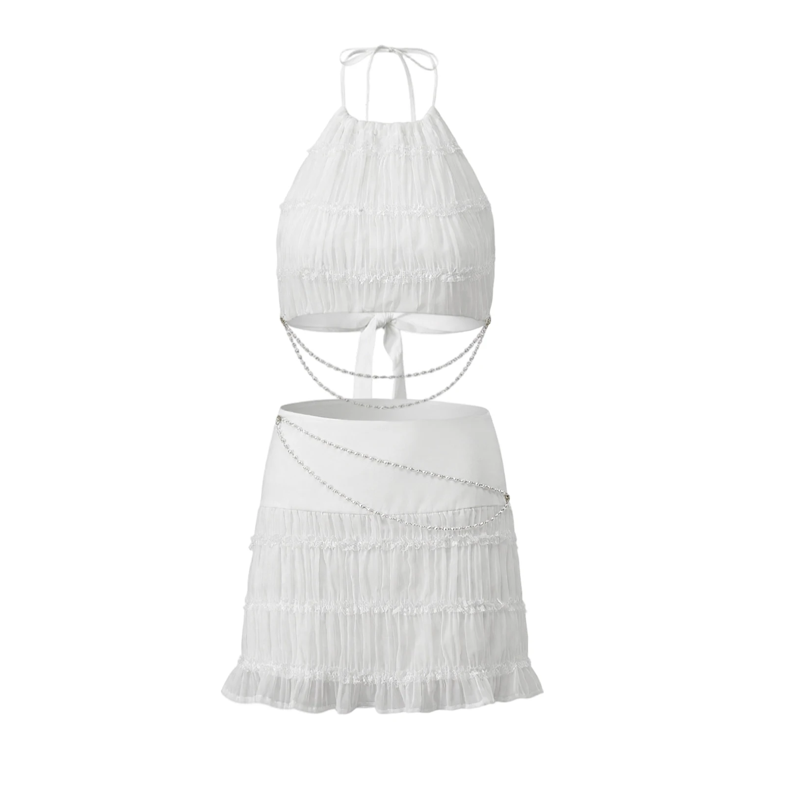 Women’s Two Piece Summer Outfits Sleeveless Textured Halter Tops and Mini Skirt Set Clubwear