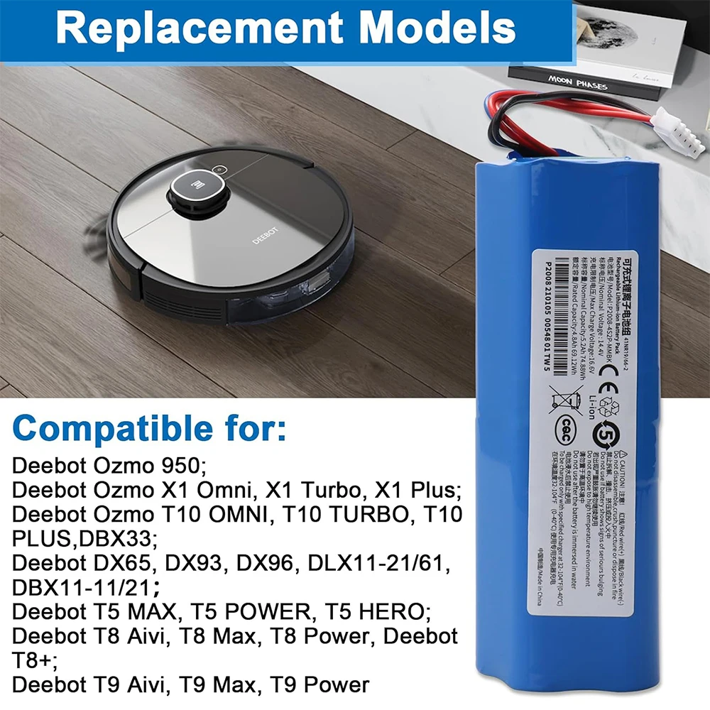 For Ecovacs Deebot X1 Omni、Ozmo 950、T8/T8+、T9/T9+、T10/T10+、X1 Turbo、X1 Plus Robot vacuum cleaner 12800mAh large capacity battery