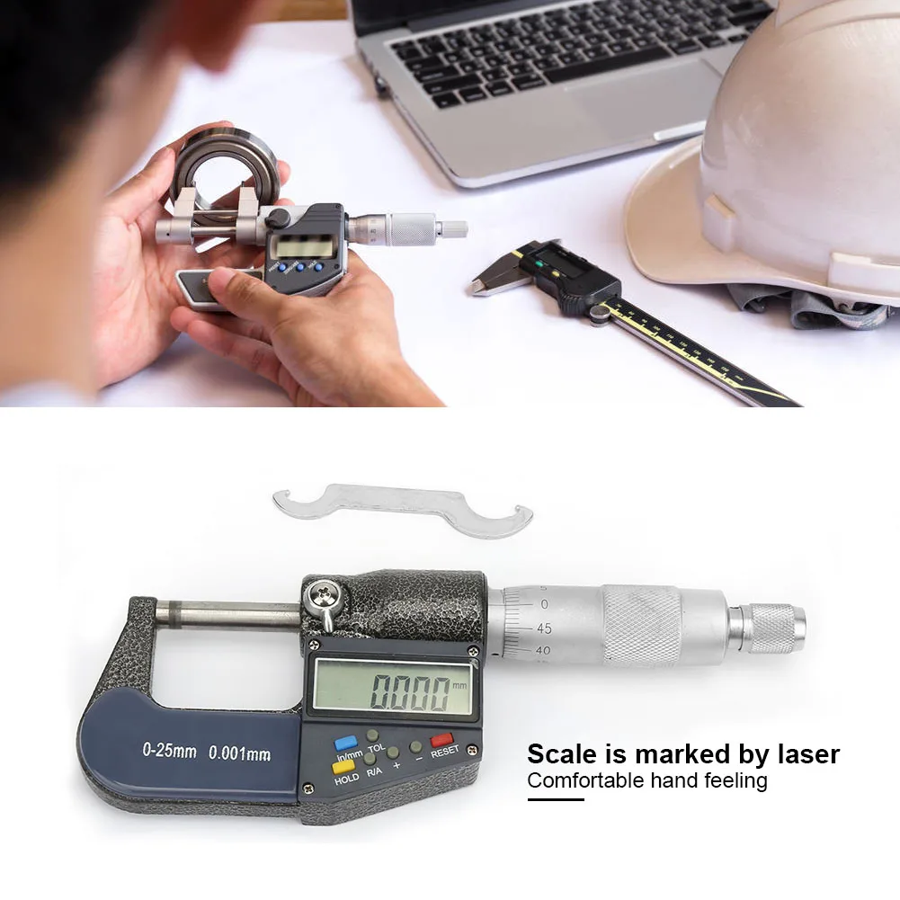 Digital Micrometer Measure Tool 0-25mm Electronic Digital Micrometer 0.001mm Thickness Gauge and Wrench Set Outside Micrometer