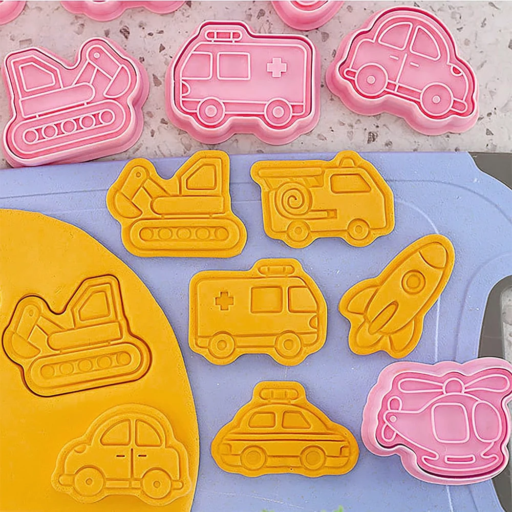 8Pcs Set Cookie Cutter Stamp Aircraft, Cars,Vehicle Cartoon Pressable Biscuit Mold Confectionery Baking Pastry Tools