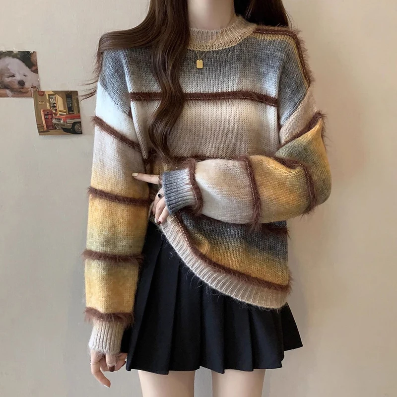 Gradient Striped Sweaters Women Fall Winter Sweet Loose Mock Neck Fuzzy Knitted Pullovers Lazy Wind Casual Female Jumpers Tops