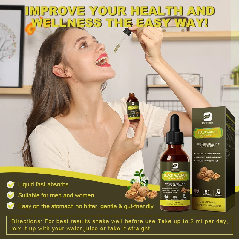 Beworths 98% Absorption Black Walnut Wormwood Drop do oczyszczania jelit i wspierania zdrowia trawiennego, wegańskie, bezglutenowe, wspierające zdrowie układu odpornościowego
