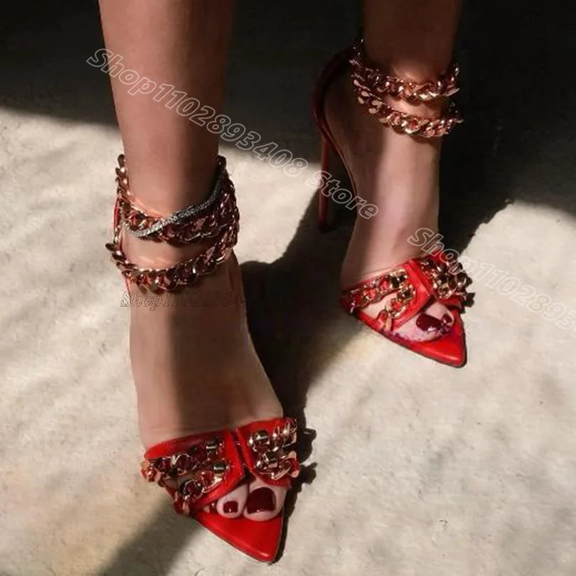 

Red Chain Decor Cover Heels Sandals Stiletto Heels Summer British Style Party Dress Women Sexy Shoes 2024 Zapatos Para Mujere