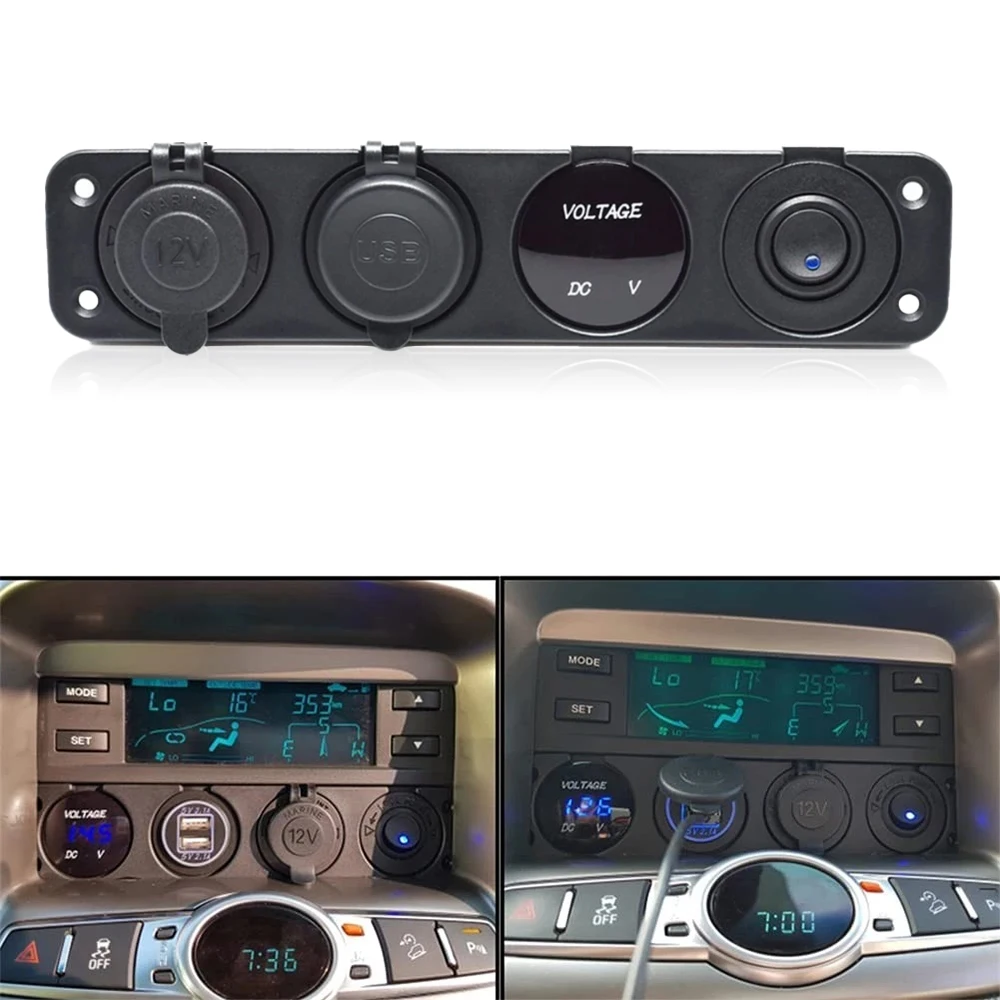4 in 1 ON/OFF Charger Socket Panel Dual USB Socket Power Outlet & LED Voltmeter &Cigarette Lighter Socket LED Switch