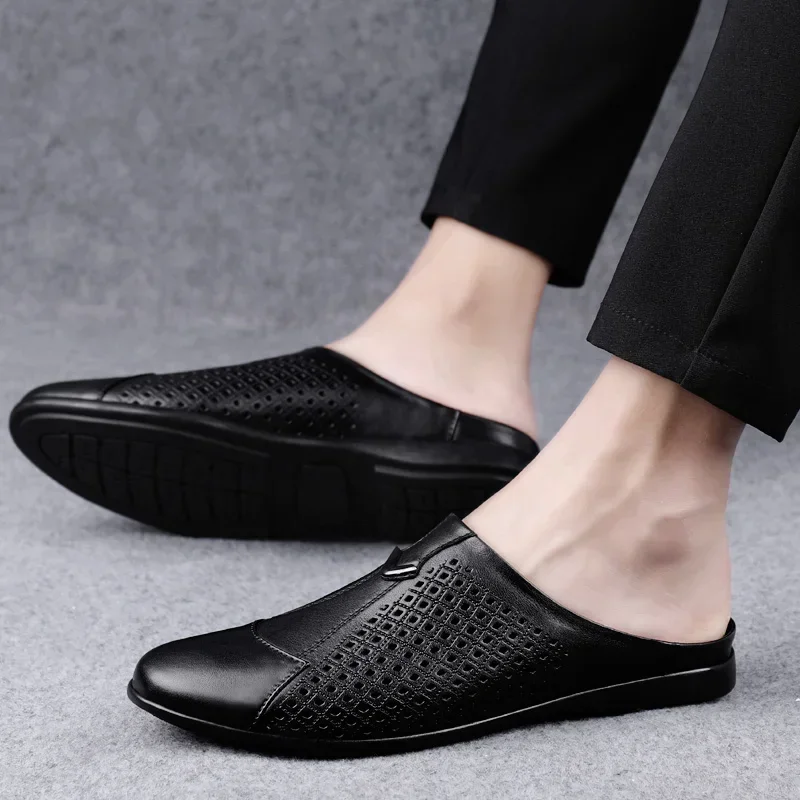 Fashion Mens Half Loafers Genuine Leather Baotou Leather Sandals Hollow Out Breathable Mules Man Outdoor Lightweight Half Shoes