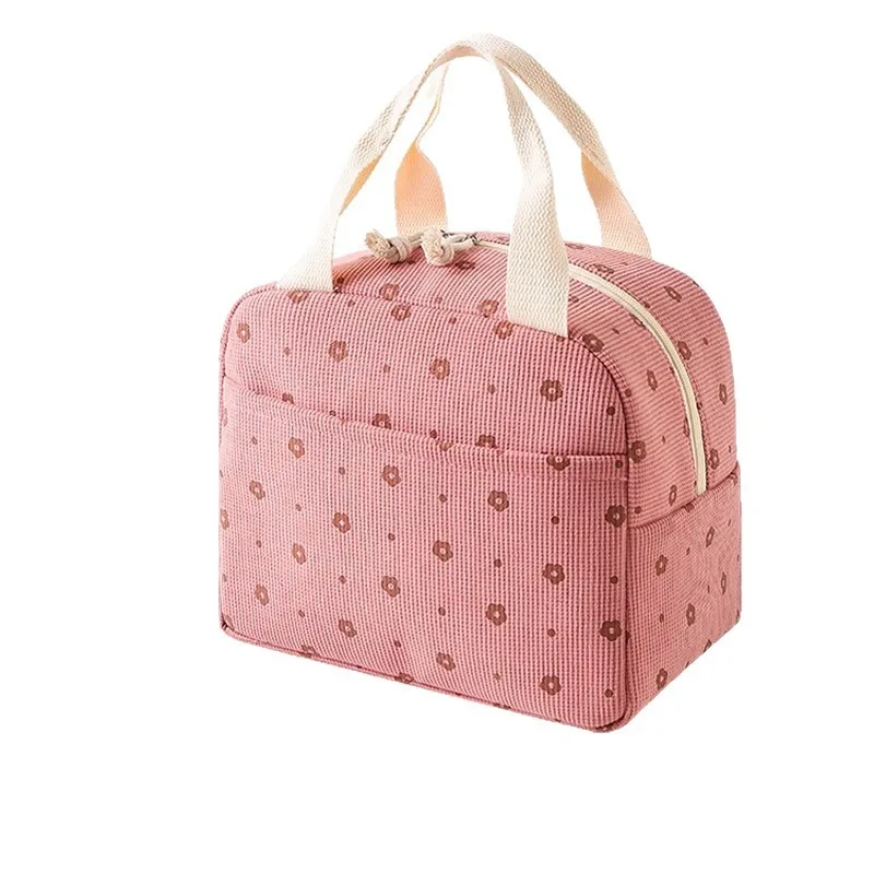 Strawberry Food Box Flower Ice Bags Portable Thermal Lunch Bag Corduroy Durable Waterproof Cute Lunch Box Insulated Case Camping