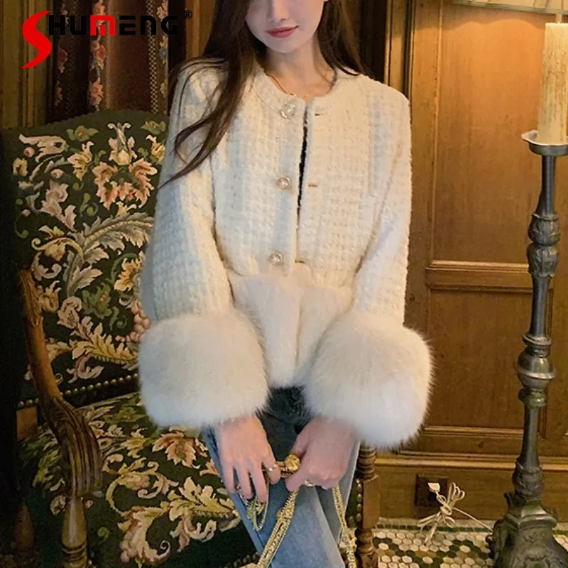 

French Style Socialite White Faux Fox Fur Single-Brewed Furry Short Coat Autumn 2023 New Light Luxury Woolen Short Jacket Female