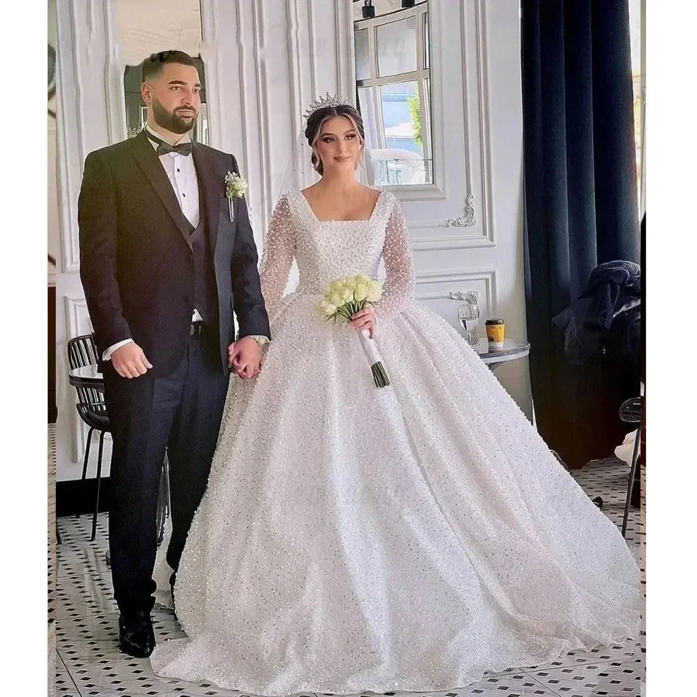 Customized Square Neck Sparkly Pearls Beads Ballgown Wedding Dress For Bride Robe De Mariée Long Sleeves Arabic  Bridal Gown