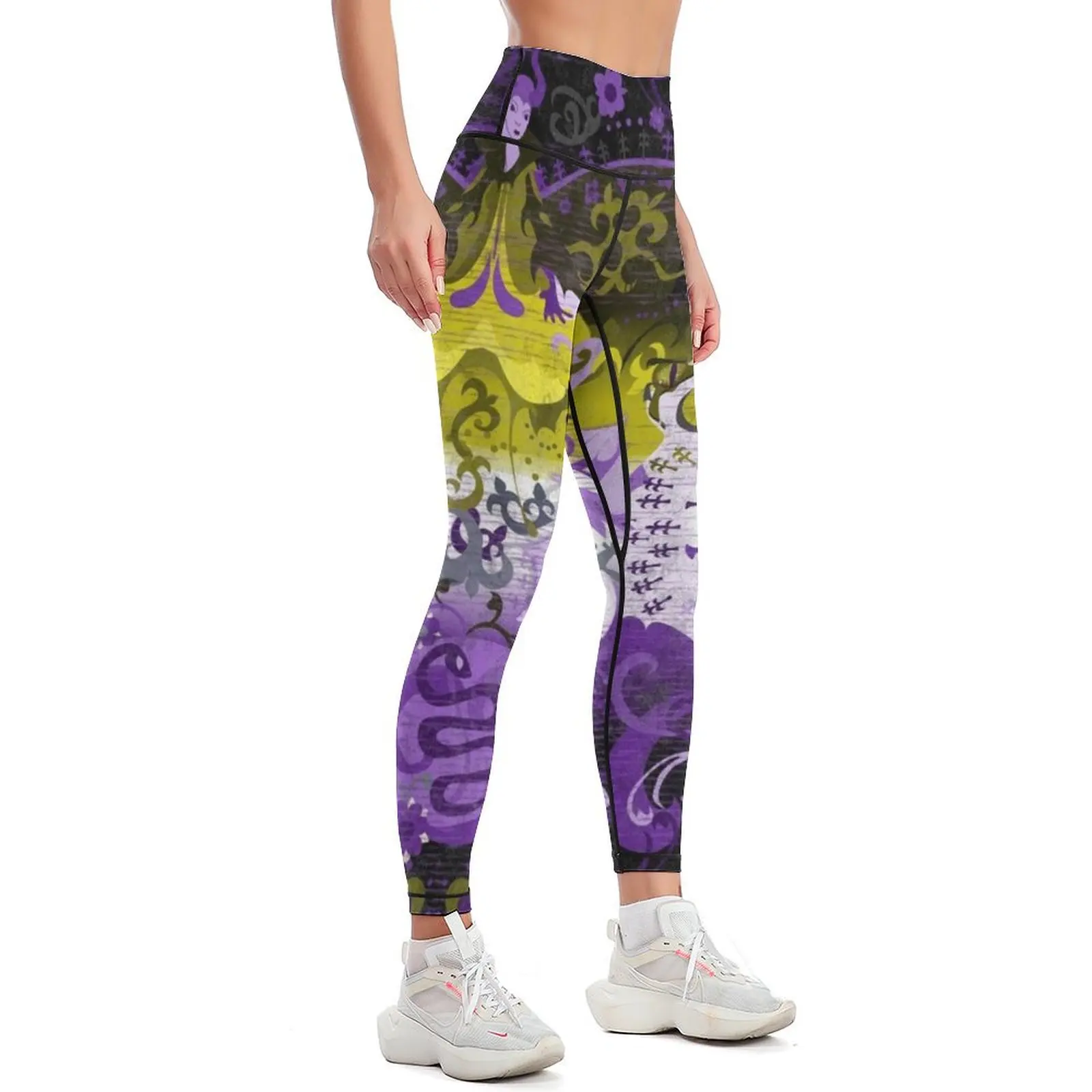 Non-binary Dragon Damask -- NonBinary Pride Flag Colors Leggings sporty woman gym Women sports trousers Womens Leggings