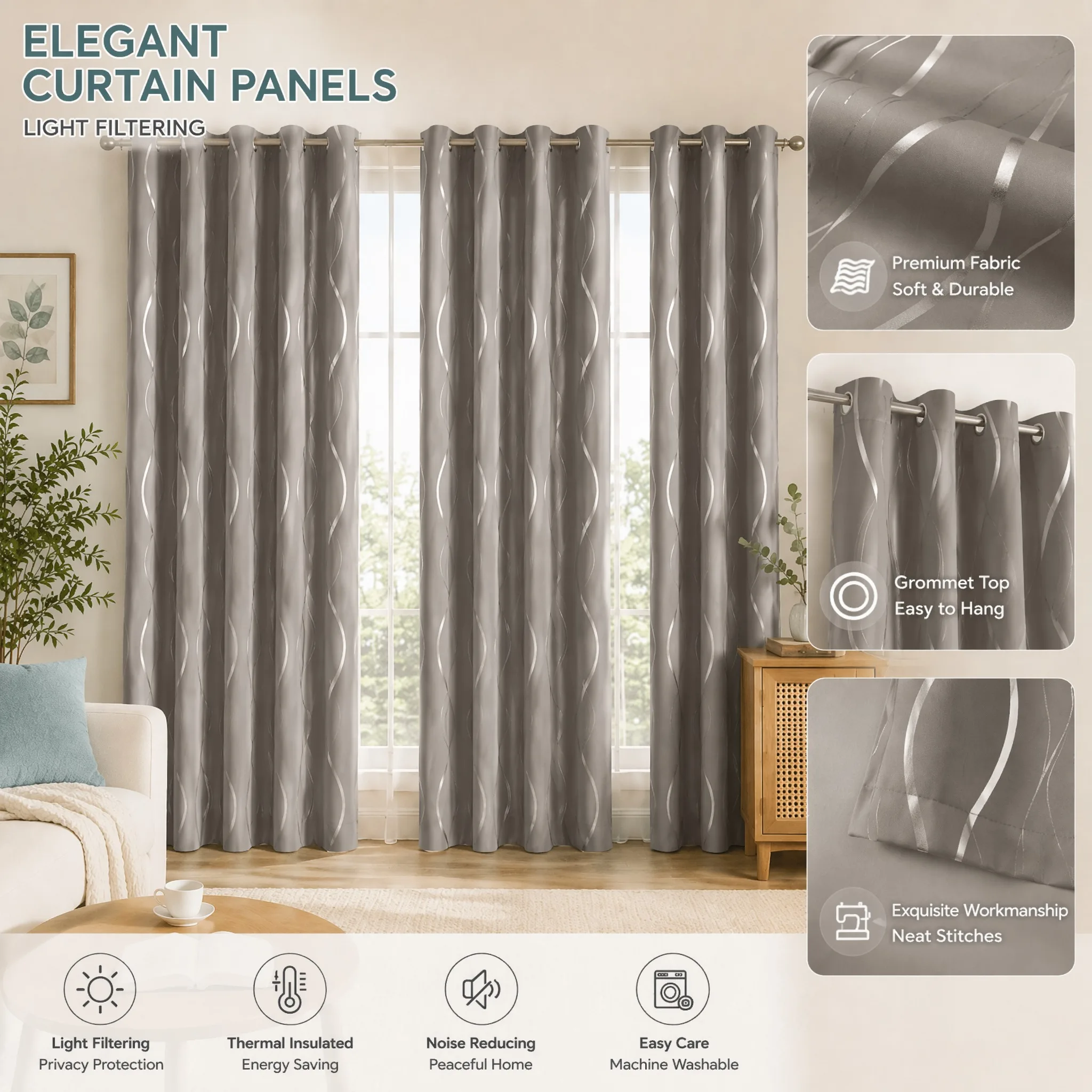 

4 Panels Luxury Blackout Curtains Silver Wave Printed Design Grommet Window Drapes Energy Saving Privacy Curtains for Living Room Bedroom