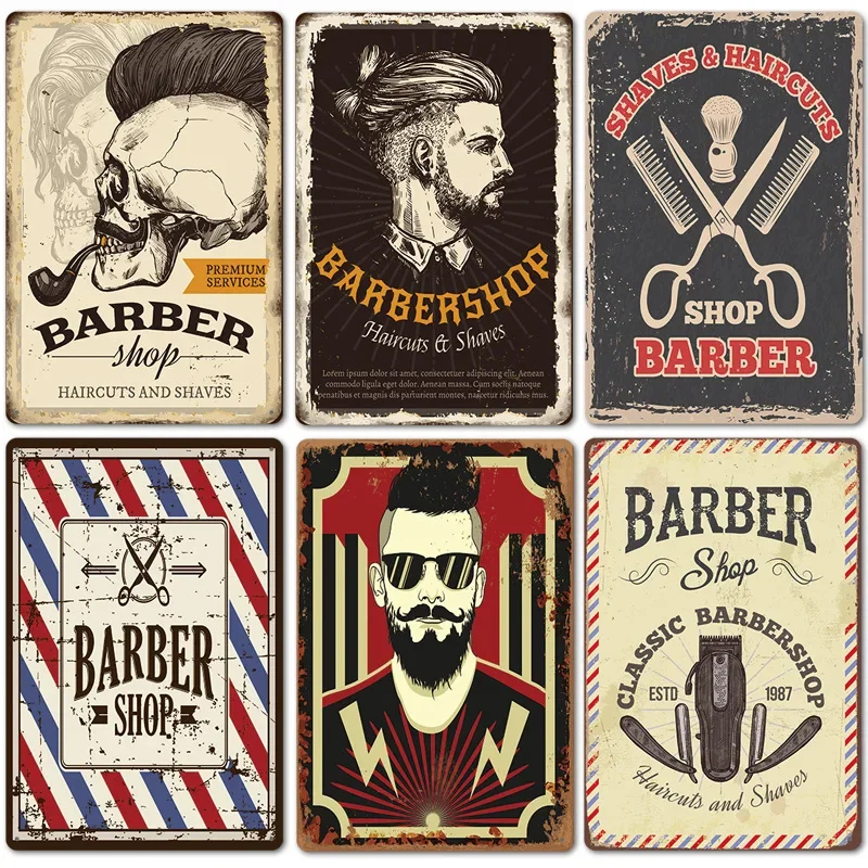 

2023 New Barbershop Poster Retro Iron Painting Barber Shop Background Wall Frameless Decorative Hanging Painting Decor Posters