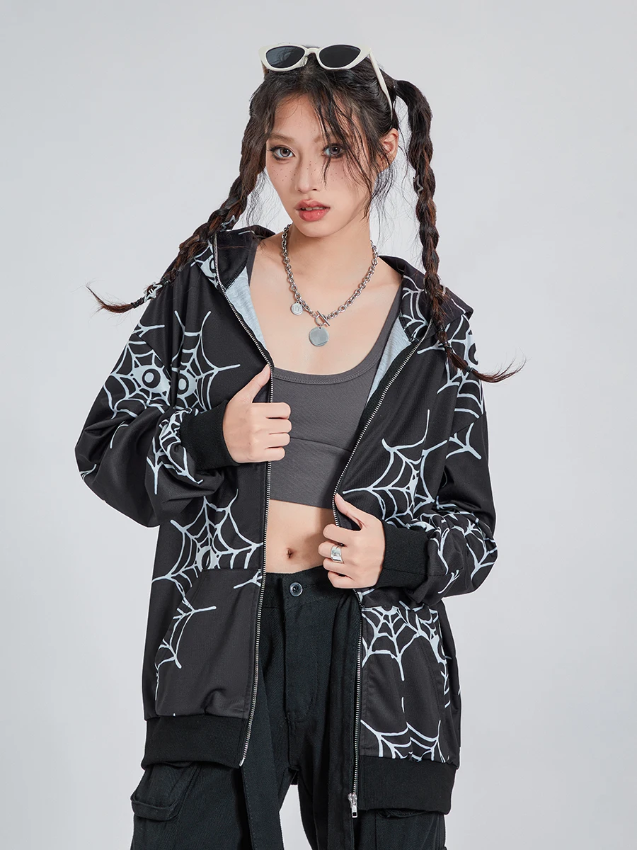 

New Fashion Womens Hoodie Pullover Coat Cartoon Spider Web Print Long Sleeve Zipper Sweatshirt Loose Style Sweatshirt Hot Sale