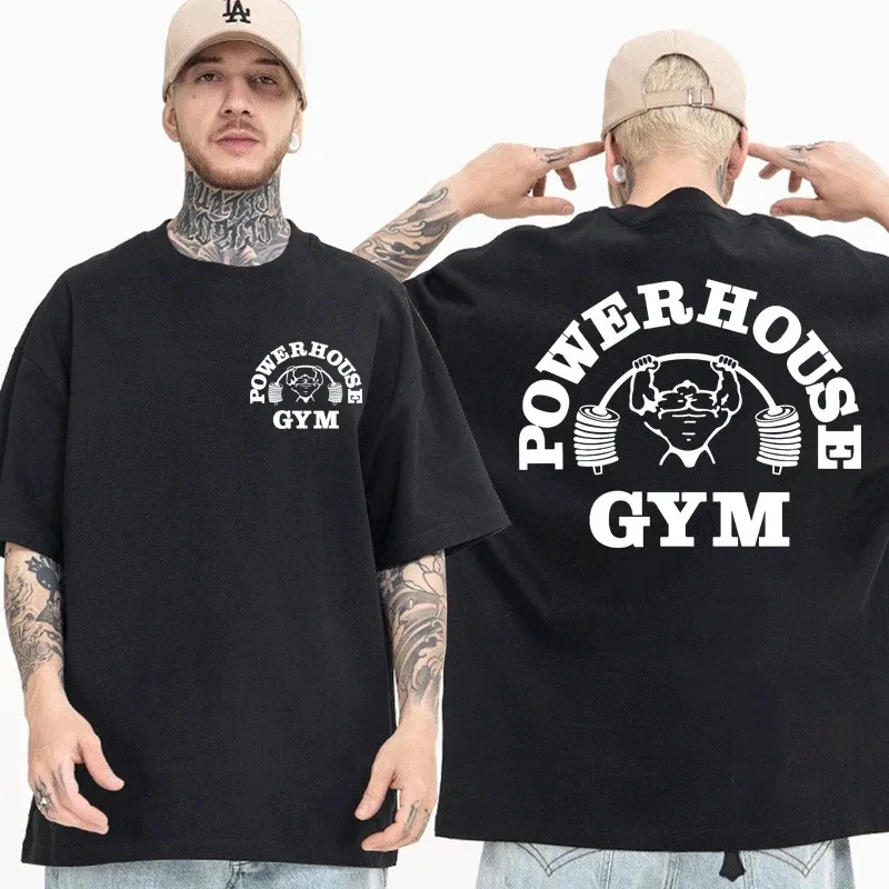 T-shirt grafica Powerhouse Fitness per donna e uomo, una interessante maglietta oversize a maniche corte, Harajuku Geek Fitness retr