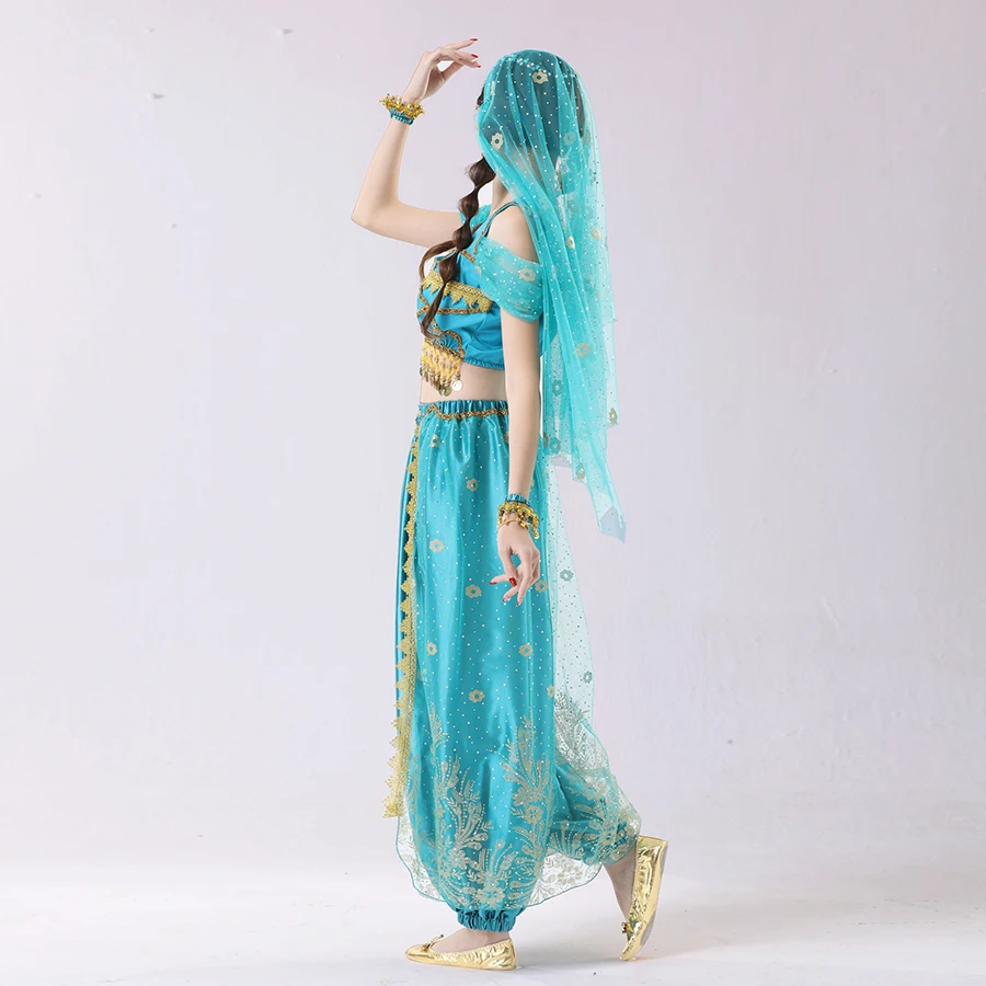 Halloween Festival Arabian Cosplay Princess Jasmine Costume Belly Dance Indian Bollywood Veil Top Pants Accessories Set Festival