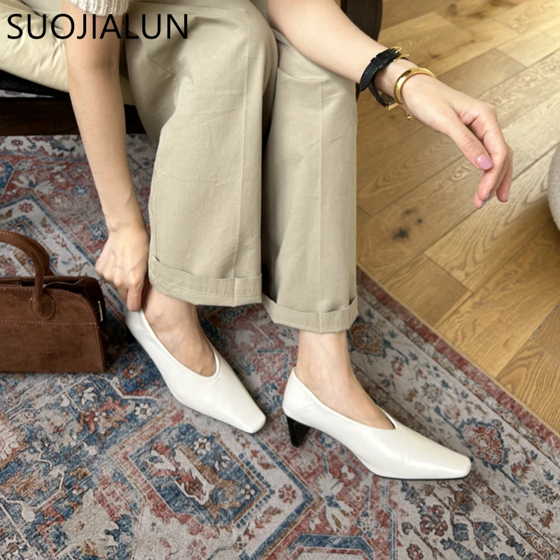 SUOJIALUN Autumn Women Pumps Shoes Fashion Shallow Slip On Ladies Eelgant Single Shoes Square High Heel Outdoor Dress Pumps