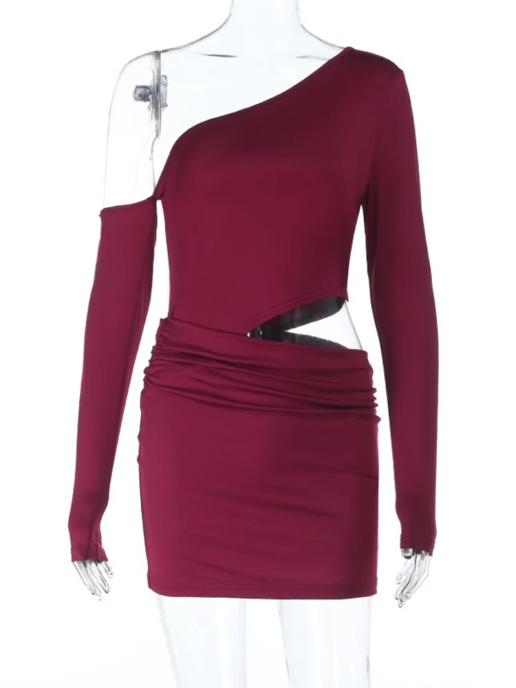SsTss-Mini vestido ajustado de manga larga con hombros descubiertos para mujer, nuevo vestido liso con cuello Diagonal recortado en la cintura, vestido ajustado de una pieza para fiesta y discoteca