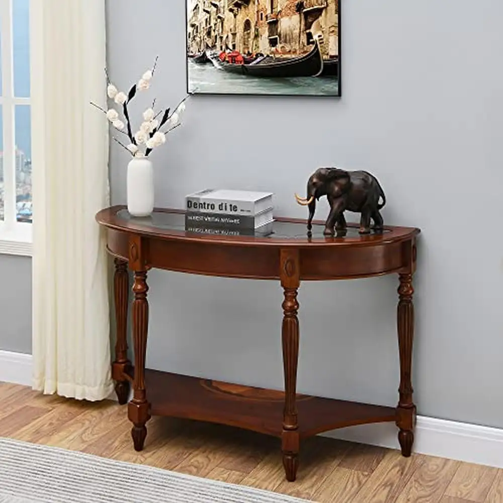 Solid Wood Half-Moon Console Table with Storage Shelf and Carved Details Elegant Vintage Sofa Entryway Table with Tempered Glass