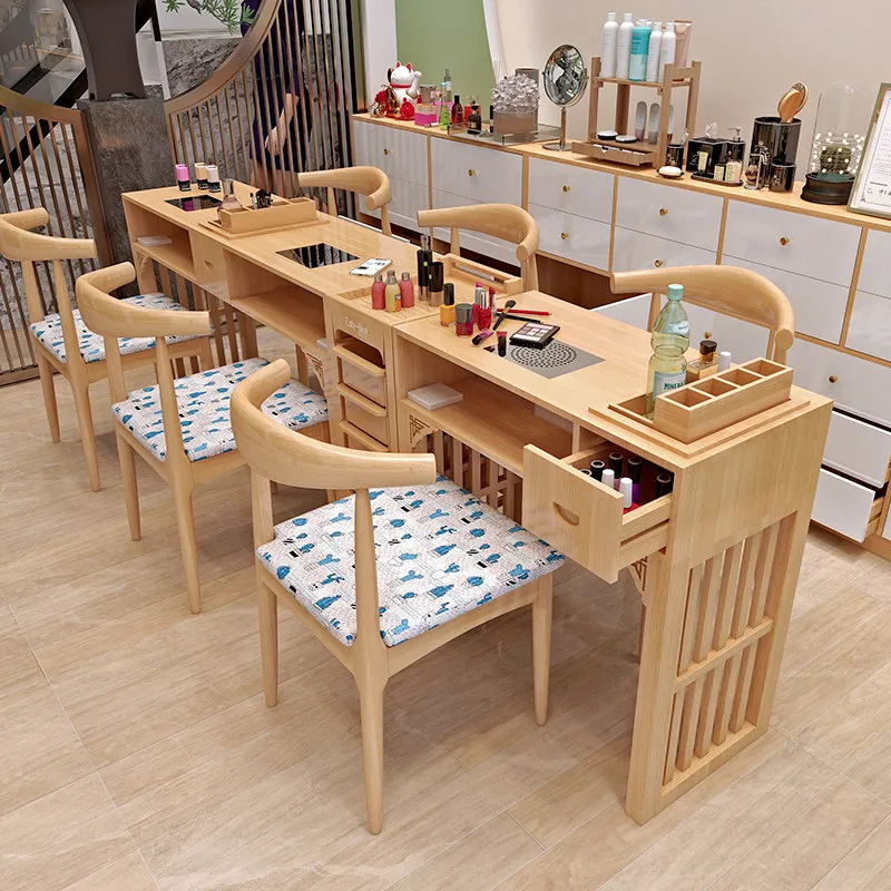 Solid Wood Frame Marble Top Manicure Desk With Drawer Storage & Embedded Dust Collector Practical Nail Salon Work Table