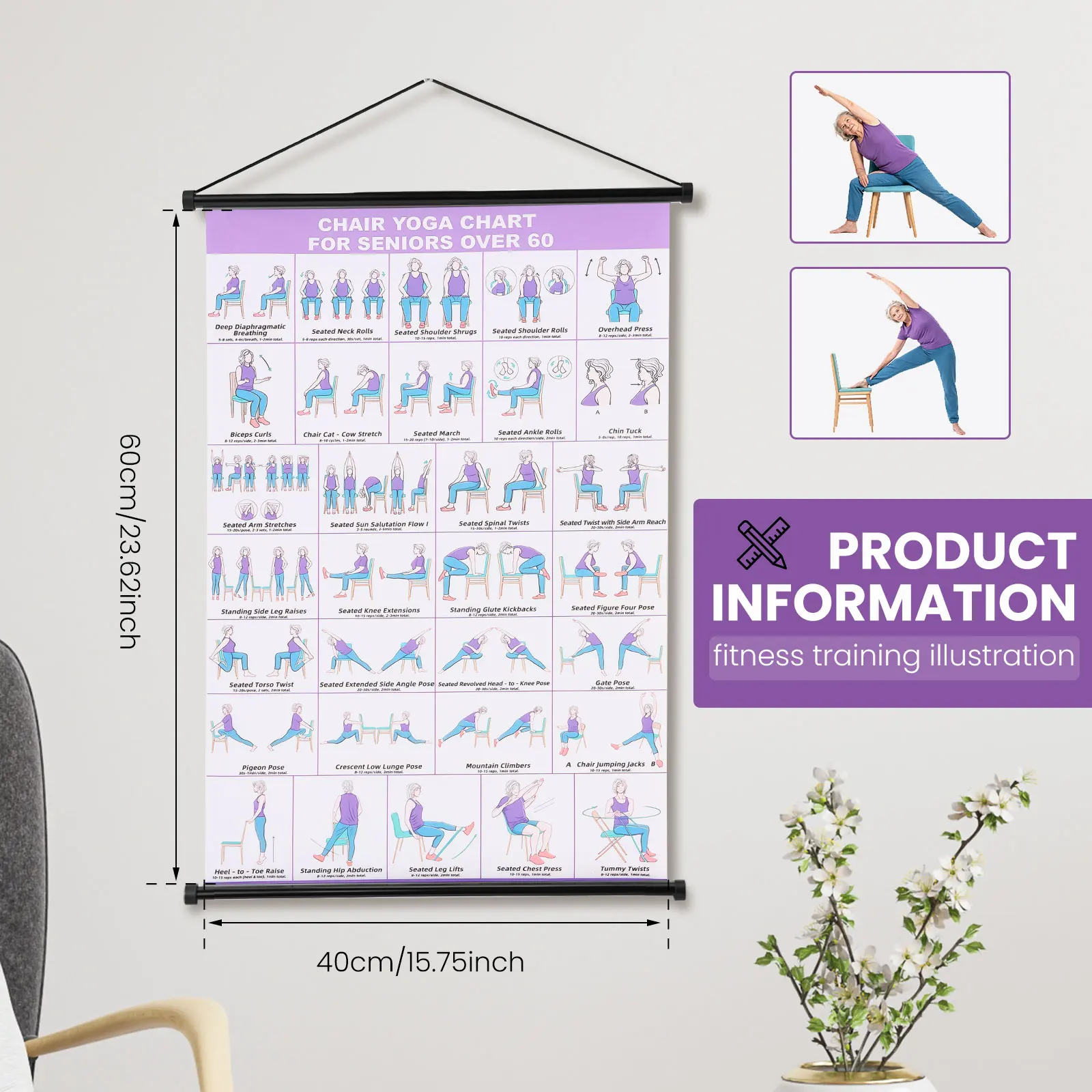 Chair Yoga Chart Tear Resistant Chair Exercise Chart Trainer Guide Foldable Workout Poster with Hanging Rod and Cord for Seniors